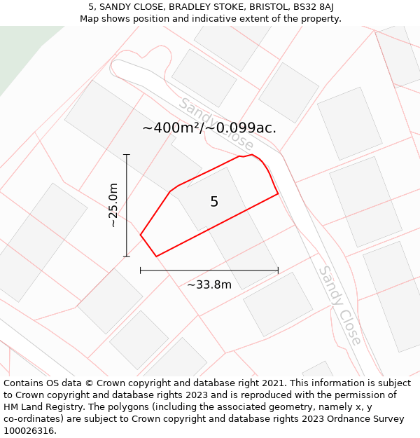 5, SANDY CLOSE, BRADLEY STOKE, BRISTOL, BS32 8AJ: Plot and title map