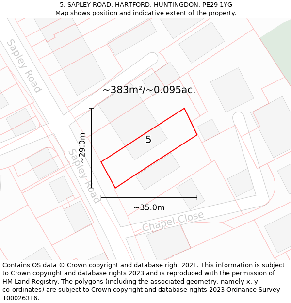 5, SAPLEY ROAD, HARTFORD, HUNTINGDON, PE29 1YG: Plot and title map