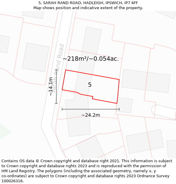 5, SARAH RAND ROAD, HADLEIGH, IPSWICH, IP7 6FF: Plot and title map