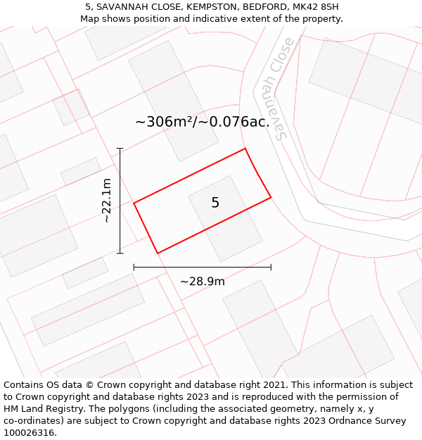 5, SAVANNAH CLOSE, KEMPSTON, BEDFORD, MK42 8SH: Plot and title map