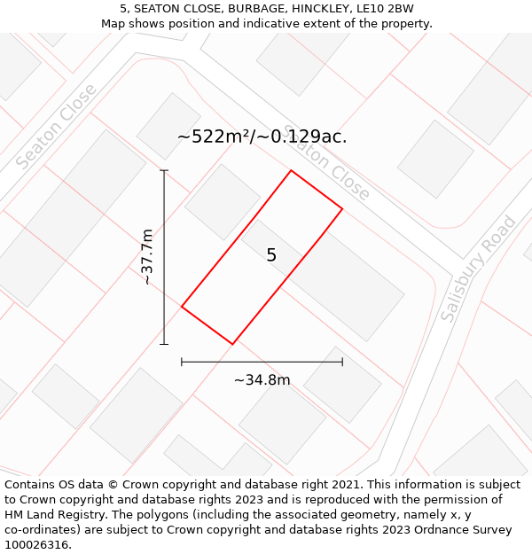 5, SEATON CLOSE, BURBAGE, HINCKLEY, LE10 2BW: Plot and title map