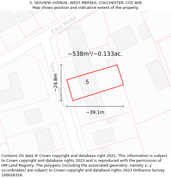 5, SEAVIEW AVENUE, WEST MERSEA, COLCHESTER, CO5 8HE: Plot and title map