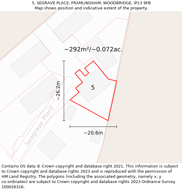 5, SEGRAVE PLACE, FRAMLINGHAM, WOODBRIDGE, IP13 9FB: Plot and title map