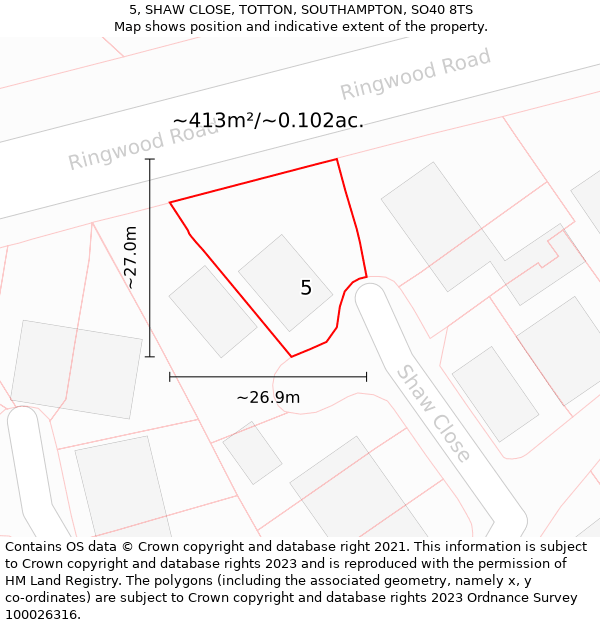 5, SHAW CLOSE, TOTTON, SOUTHAMPTON, SO40 8TS: Plot and title map