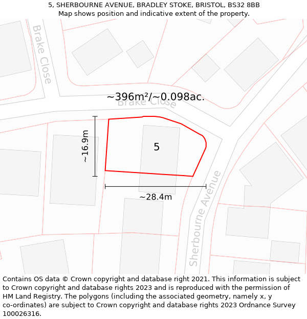 5, SHERBOURNE AVENUE, BRADLEY STOKE, BRISTOL, BS32 8BB: Plot and title map