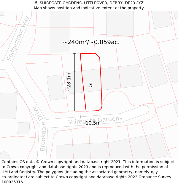 5, SHIREGATE GARDENS, LITTLEOVER, DERBY, DE23 3YZ: Plot and title map