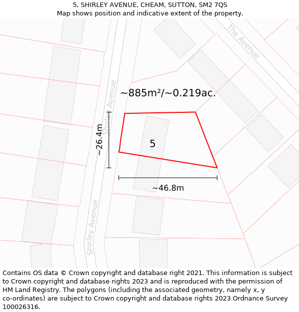 5, SHIRLEY AVENUE, CHEAM, SUTTON, SM2 7QS: Plot and title map
