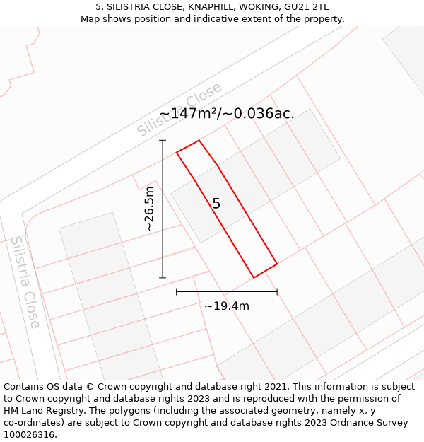 5, SILISTRIA CLOSE, KNAPHILL, WOKING, GU21 2TL: Plot and title map