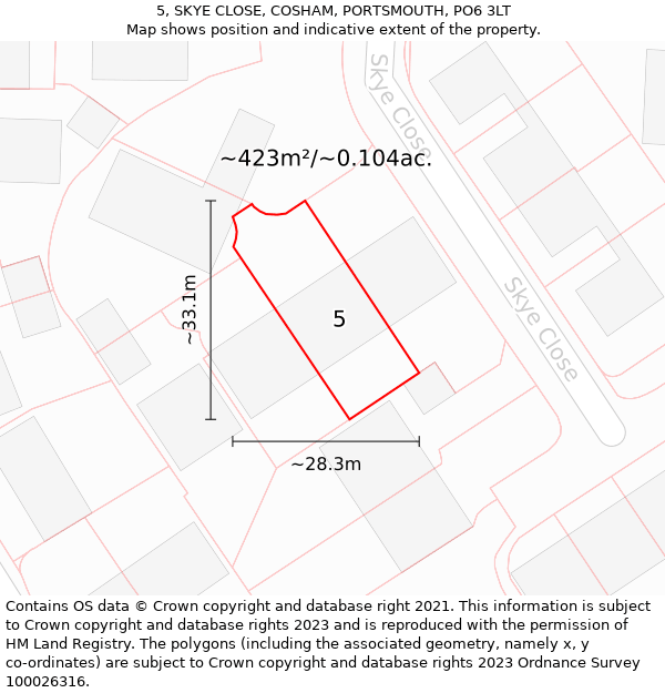 5, SKYE CLOSE, COSHAM, PORTSMOUTH, PO6 3LT: Plot and title map