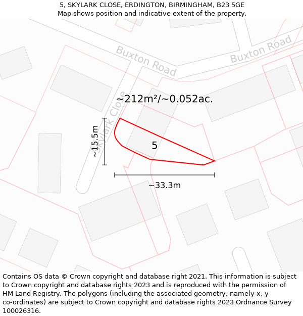 5, SKYLARK CLOSE, ERDINGTON, BIRMINGHAM, B23 5GE: Plot and title map