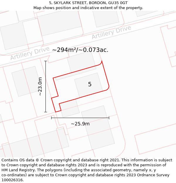 5, SKYLARK STREET, BORDON, GU35 0GT: Plot and title map