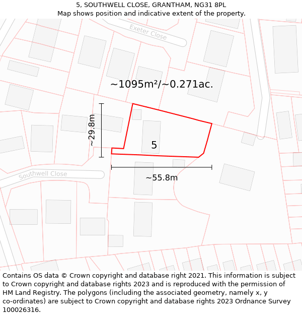 5, SOUTHWELL CLOSE, GRANTHAM, NG31 8PL: Plot and title map