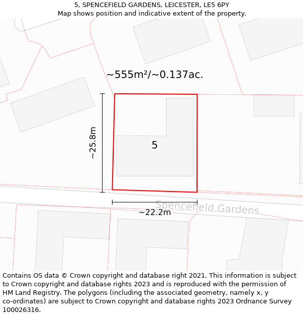 5, SPENCEFIELD GARDENS, LEICESTER, LE5 6PY: Plot and title map