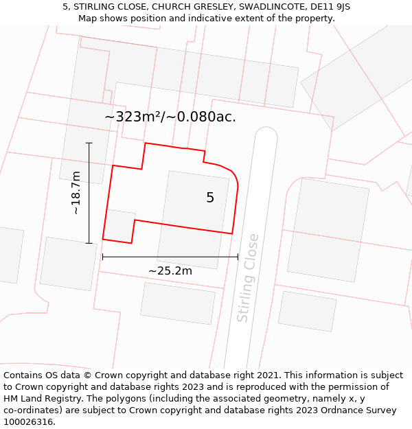 5, STIRLING CLOSE, CHURCH GRESLEY, SWADLINCOTE, DE11 9JS: Plot and title map