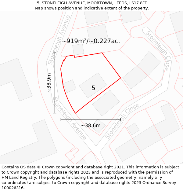 5, STONELEIGH AVENUE, MOORTOWN, LEEDS, LS17 8FF: Plot and title map