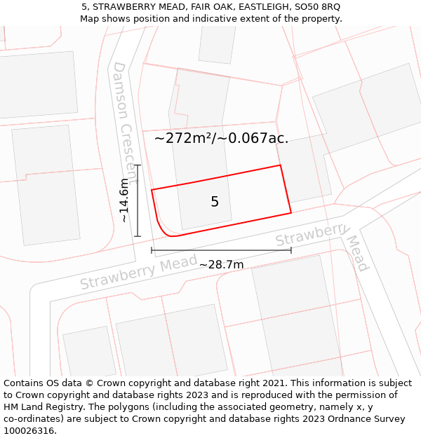 5, STRAWBERRY MEAD, FAIR OAK, EASTLEIGH, SO50 8RQ: Plot and title map