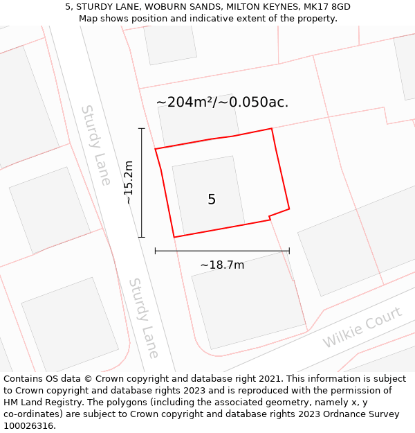 5, STURDY LANE, WOBURN SANDS, MILTON KEYNES, MK17 8GD: Plot and title map