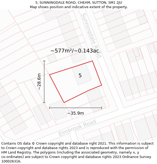 5, SUNNINGDALE ROAD, CHEAM, SUTTON, SM1 2JU: Plot and title map