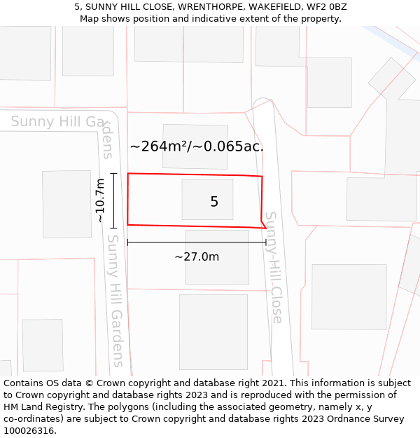 5, SUNNY HILL CLOSE, WRENTHORPE, WAKEFIELD, WF2 0BZ: Plot and title map