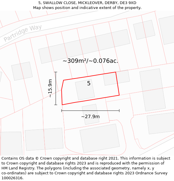 5, SWALLOW CLOSE, MICKLEOVER, DERBY, DE3 9XD: Plot and title map