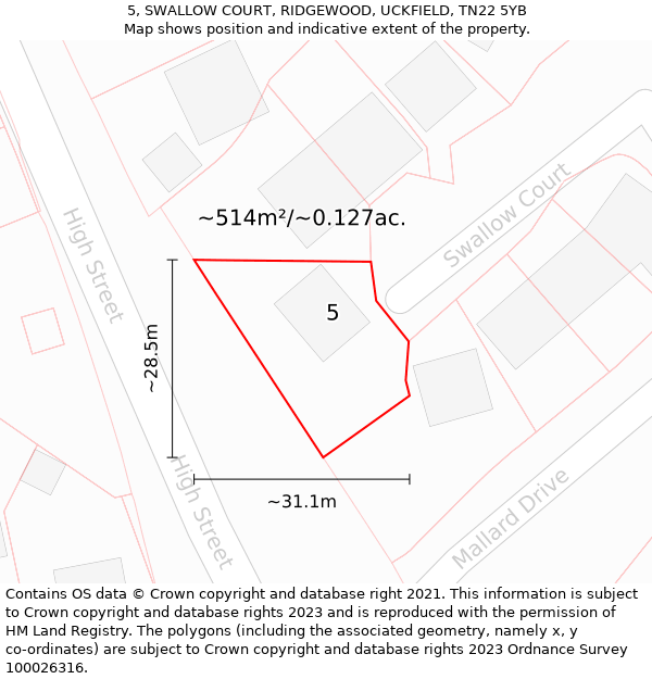 5, SWALLOW COURT, RIDGEWOOD, UCKFIELD, TN22 5YB: Plot and title map