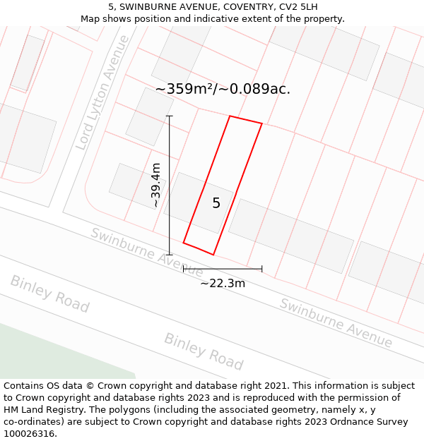 5, SWINBURNE AVENUE, COVENTRY, CV2 5LH: Plot and title map