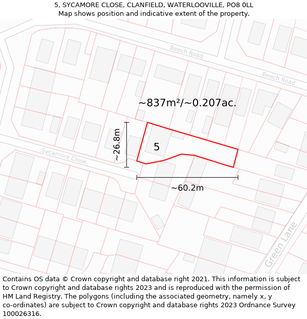 5, SYCAMORE CLOSE, CLANFIELD, WATERLOOVILLE, PO8 0LL: Plot and title map