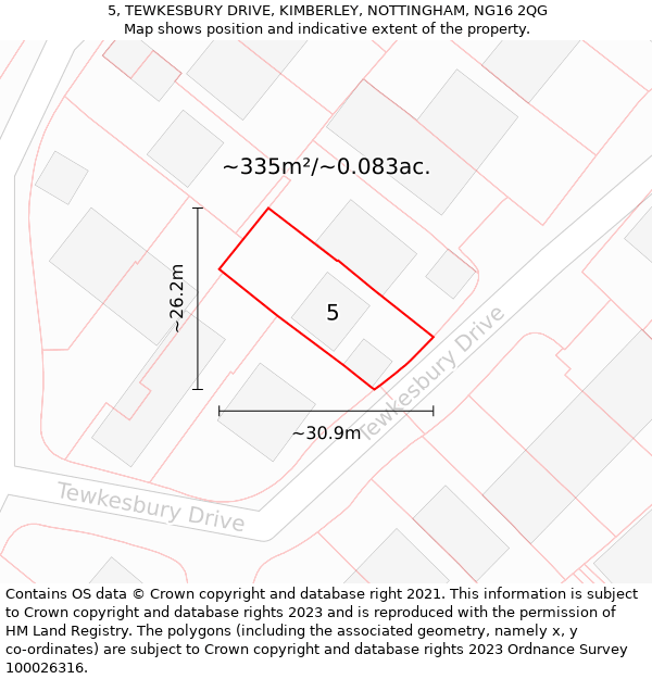 5, TEWKESBURY DRIVE, KIMBERLEY, NOTTINGHAM, NG16 2QG: Plot and title map