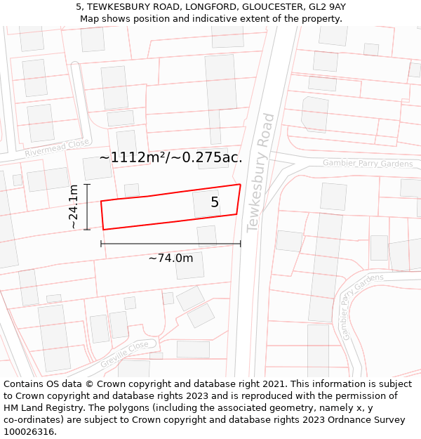 5, TEWKESBURY ROAD, LONGFORD, GLOUCESTER, GL2 9AY: Plot and title map