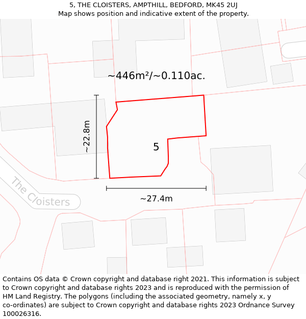 5, THE CLOISTERS, AMPTHILL, BEDFORD, MK45 2UJ: Plot and title map