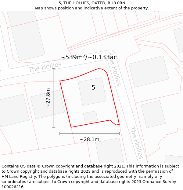 5, THE HOLLIES, OXTED, RH8 0RN: Plot and title map