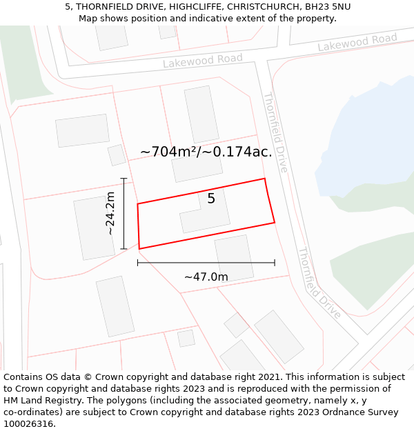 5, THORNFIELD DRIVE, HIGHCLIFFE, CHRISTCHURCH, BH23 5NU: Plot and title map