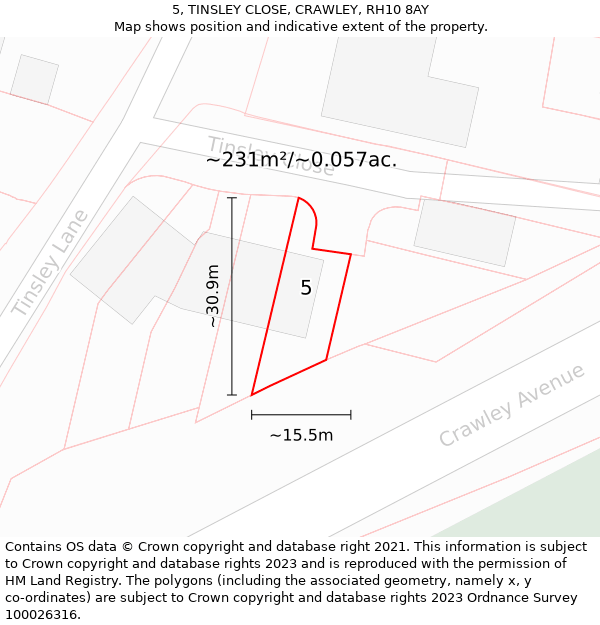 5, TINSLEY CLOSE, CRAWLEY, RH10 8AY: Plot and title map