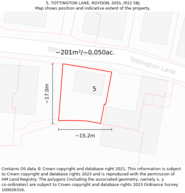 5, TOTTINGTON LANE, ROYDON, DISS, IP22 5BJ: Plot and title map