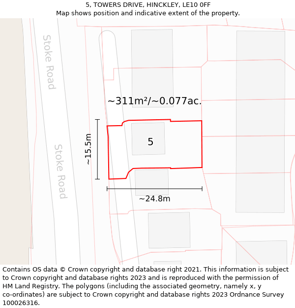 5, TOWERS DRIVE, HINCKLEY, LE10 0FF: Plot and title map