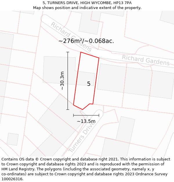 5, TURNERS DRIVE, HIGH WYCOMBE, HP13 7PA: Plot and title map