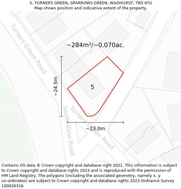 5, TURNERS GREEN, SPARROWS GREEN, WADHURST, TN5 6TU: Plot and title map