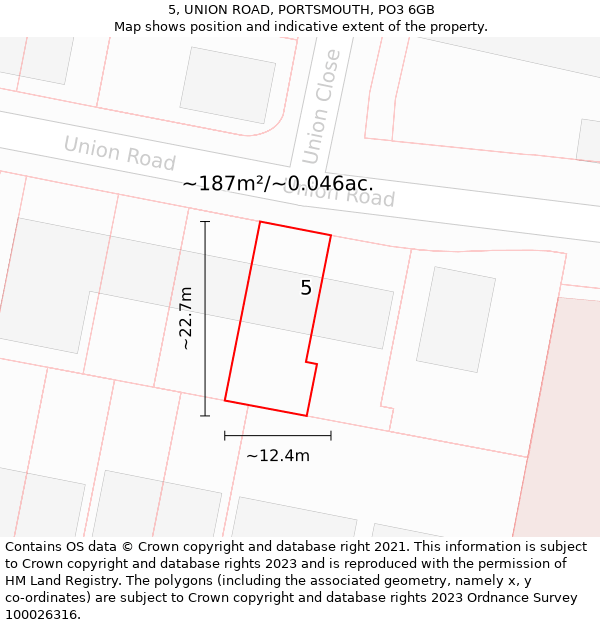 5, UNION ROAD, PORTSMOUTH, PO3 6GB: Plot and title map