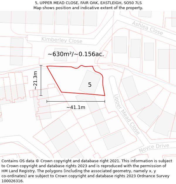 5, UPPER MEAD CLOSE, FAIR OAK, EASTLEIGH, SO50 7LS: Plot and title map