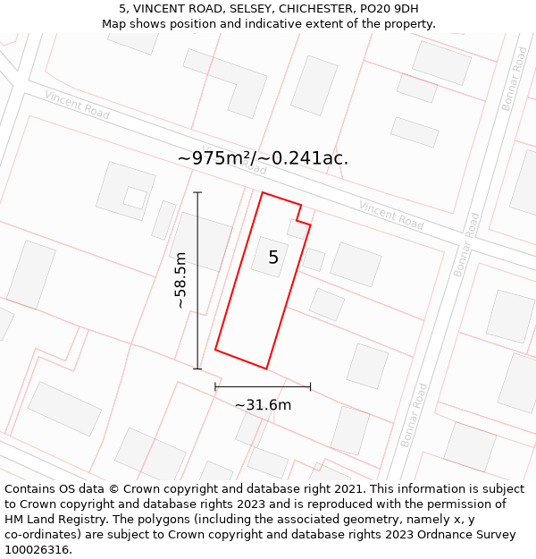 5, VINCENT ROAD, SELSEY, CHICHESTER, PO20 9DH: Plot and title map