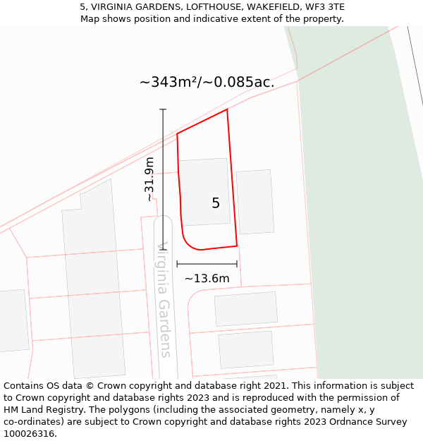 5, VIRGINIA GARDENS, LOFTHOUSE, WAKEFIELD, WF3 3TE: Plot and title map