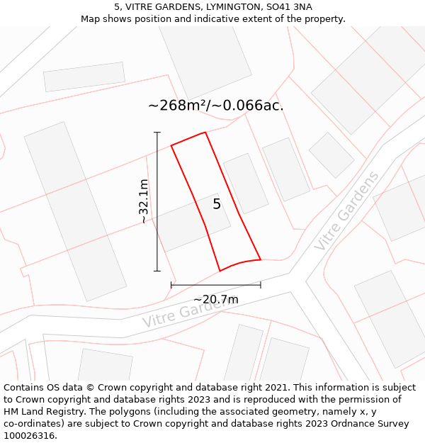 5, VITRE GARDENS, LYMINGTON, SO41 3NA: Plot and title map