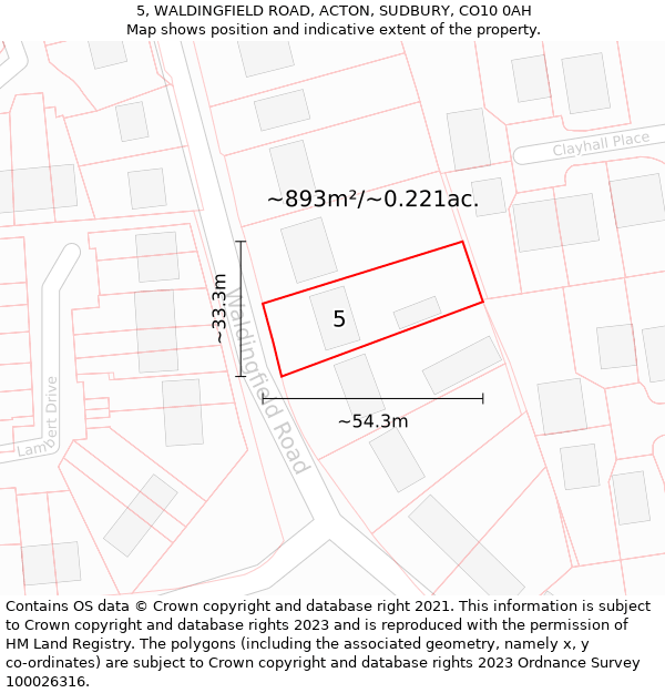 5, WALDINGFIELD ROAD, ACTON, SUDBURY, CO10 0AH: Plot and title map