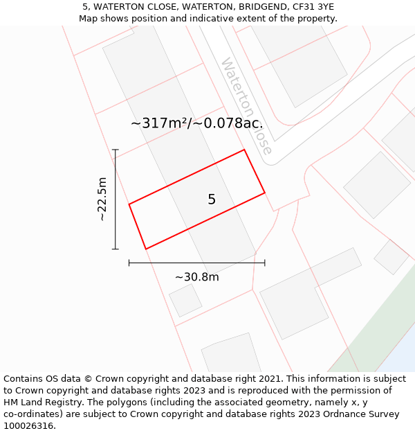 5, WATERTON CLOSE, WATERTON, BRIDGEND, CF31 3YE: Plot and title map