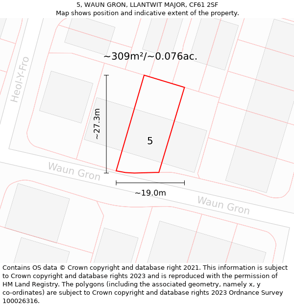 5, WAUN GRON, LLANTWIT MAJOR, CF61 2SF: Plot and title map