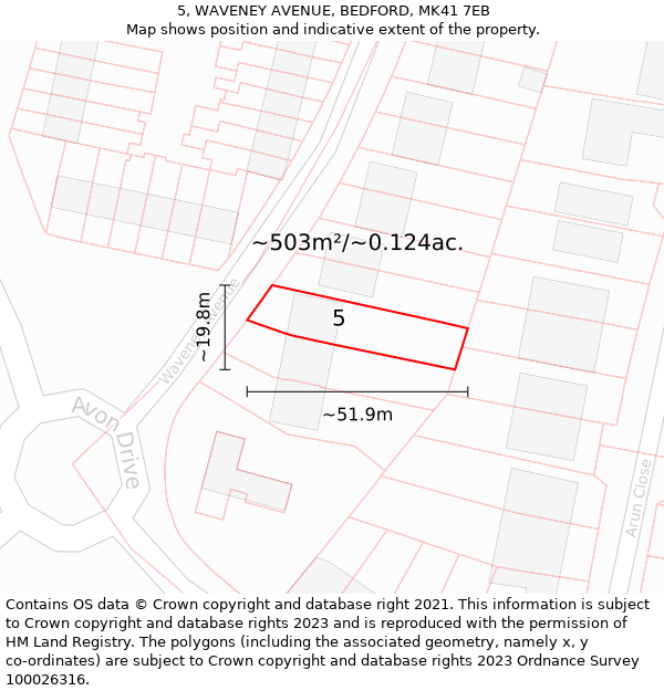 5, WAVENEY AVENUE, BEDFORD, MK41 7EB: Plot and title map