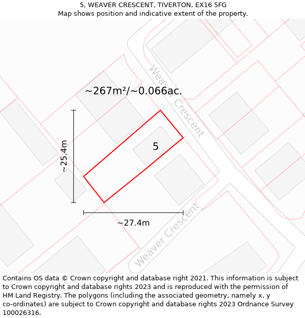 5, WEAVER CRESCENT, TIVERTON, EX16 5FG: Plot and title map