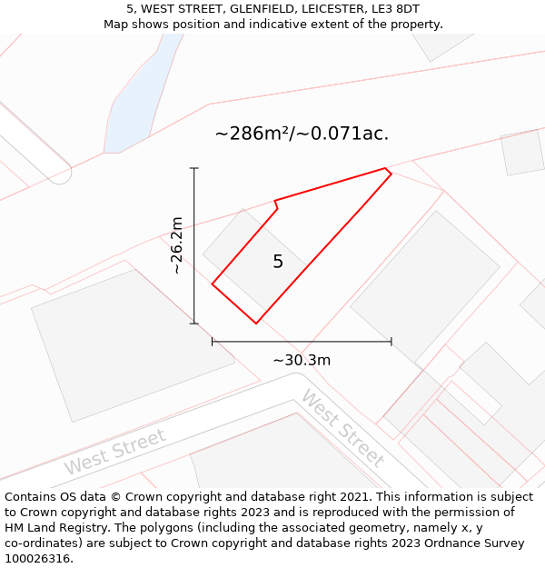 5, WEST STREET, GLENFIELD, LEICESTER, LE3 8DT: Plot and title map