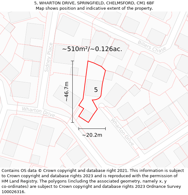 5, WHARTON DRIVE, SPRINGFIELD, CHELMSFORD, CM1 6BF: Plot and title map