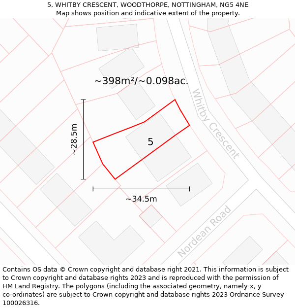 5, WHITBY CRESCENT, WOODTHORPE, NOTTINGHAM, NG5 4NE: Plot and title map